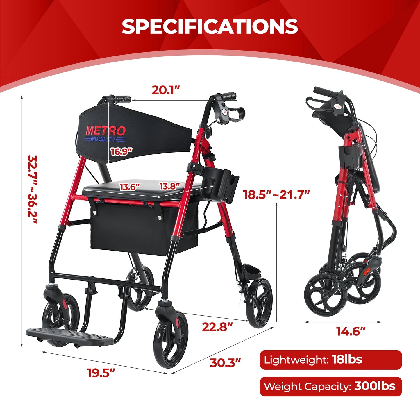 Metro Mobility M913P 2-in-1 Rollator and Transport Wheelchair