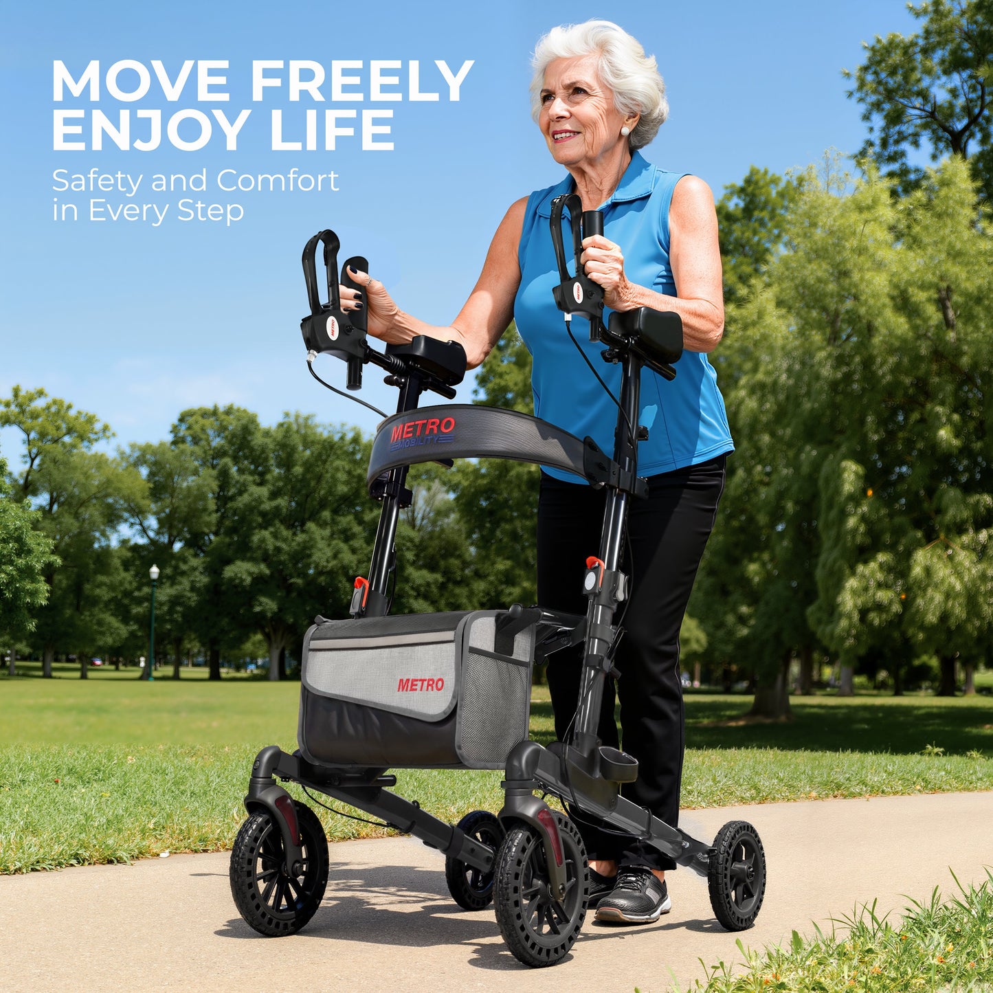 Metro Mobility M905BU Folding Rollator Walker with Seat – All-Terrain Wheels, 300 lb Capacity