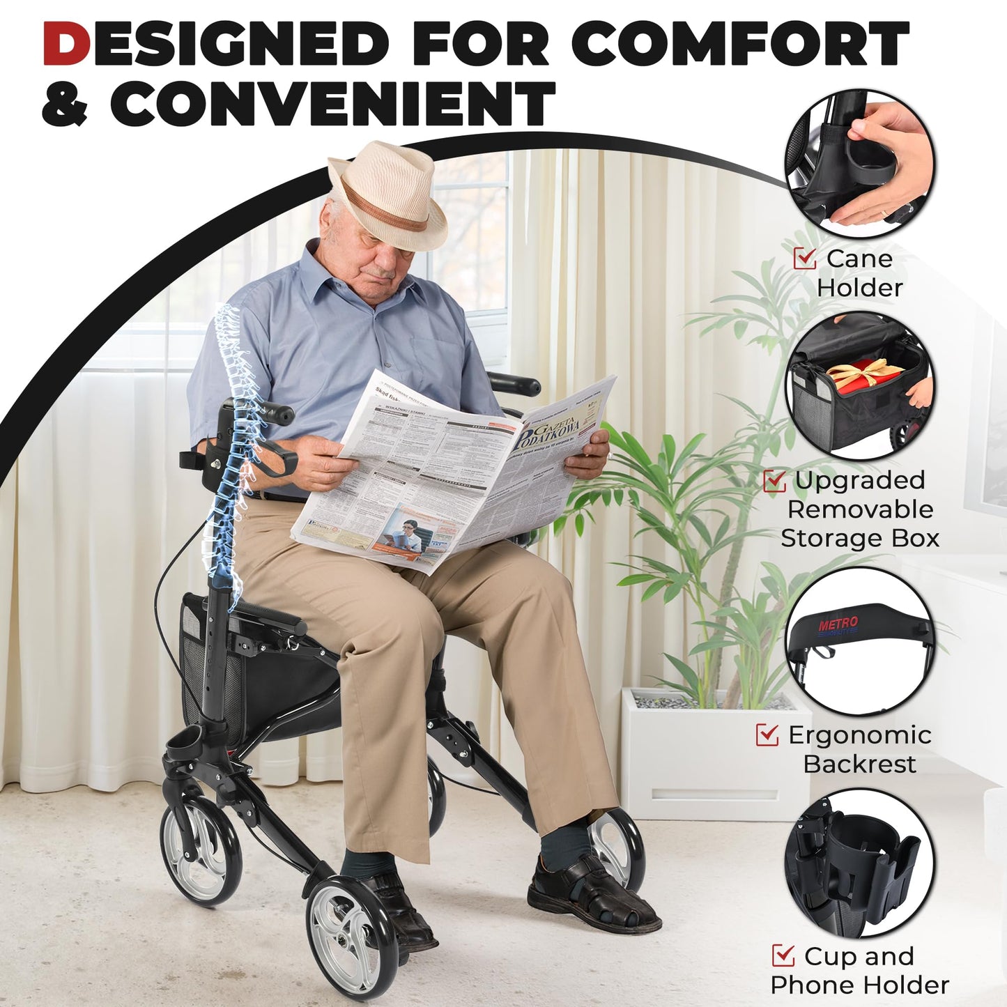 Metro Mobility – Foldable with Seat, 8" All-Terrain Wheels, Stable & Durable, 300 lb Capacity