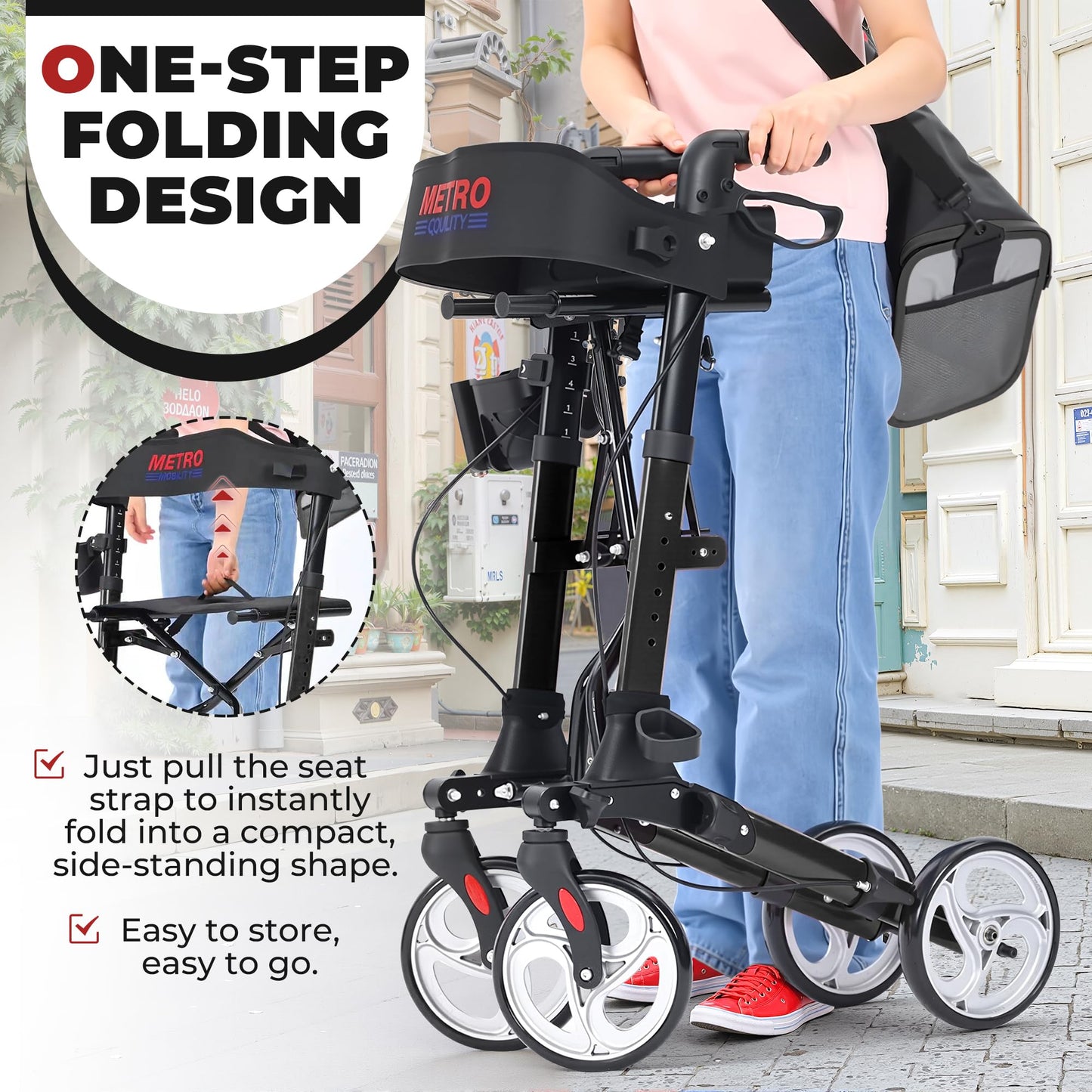 Metro Mobility – Foldable with Seat, 8" All-Terrain Wheels, Stable & Durable, 300 lb Capacity