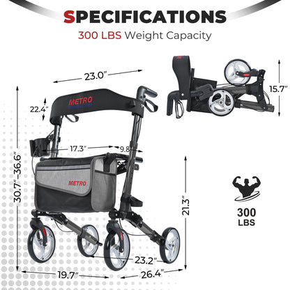 Metro Mobility – Foldable with Seat, 8" All-Terrain Wheels, Stable & Durable, 300 lb Capacity