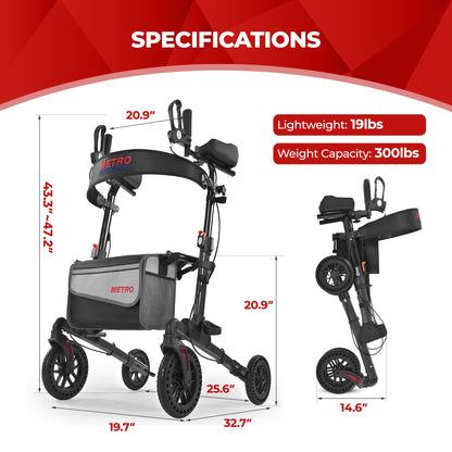 Metro Mobility M905BU Folding Rollator Walker with Seat – All-Terrain Wheels, 300 lb Capacity