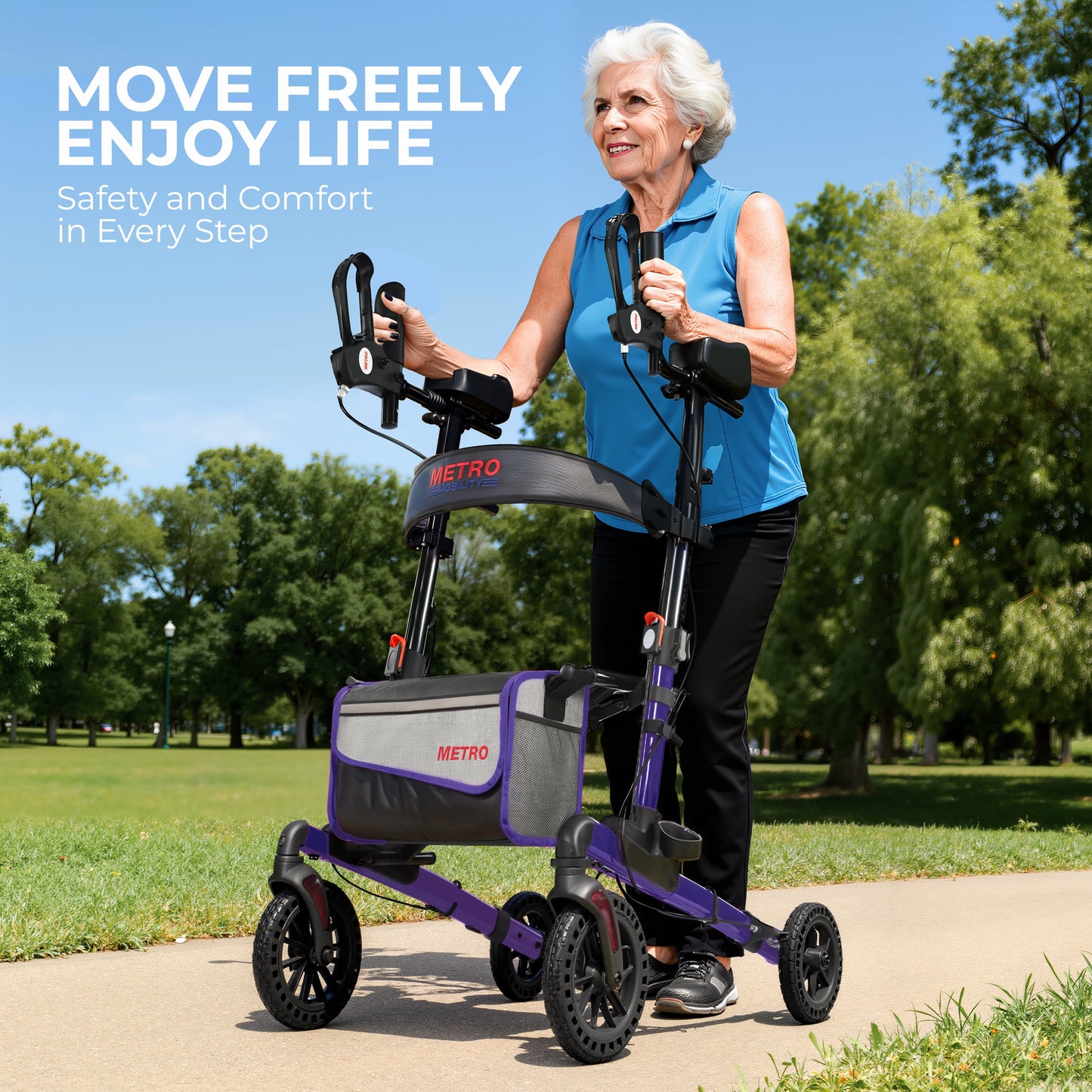 Metro Mobility M905BU Folding Rollator Walker with Seat – All-Terrain Wheels, 300 lb Capacity