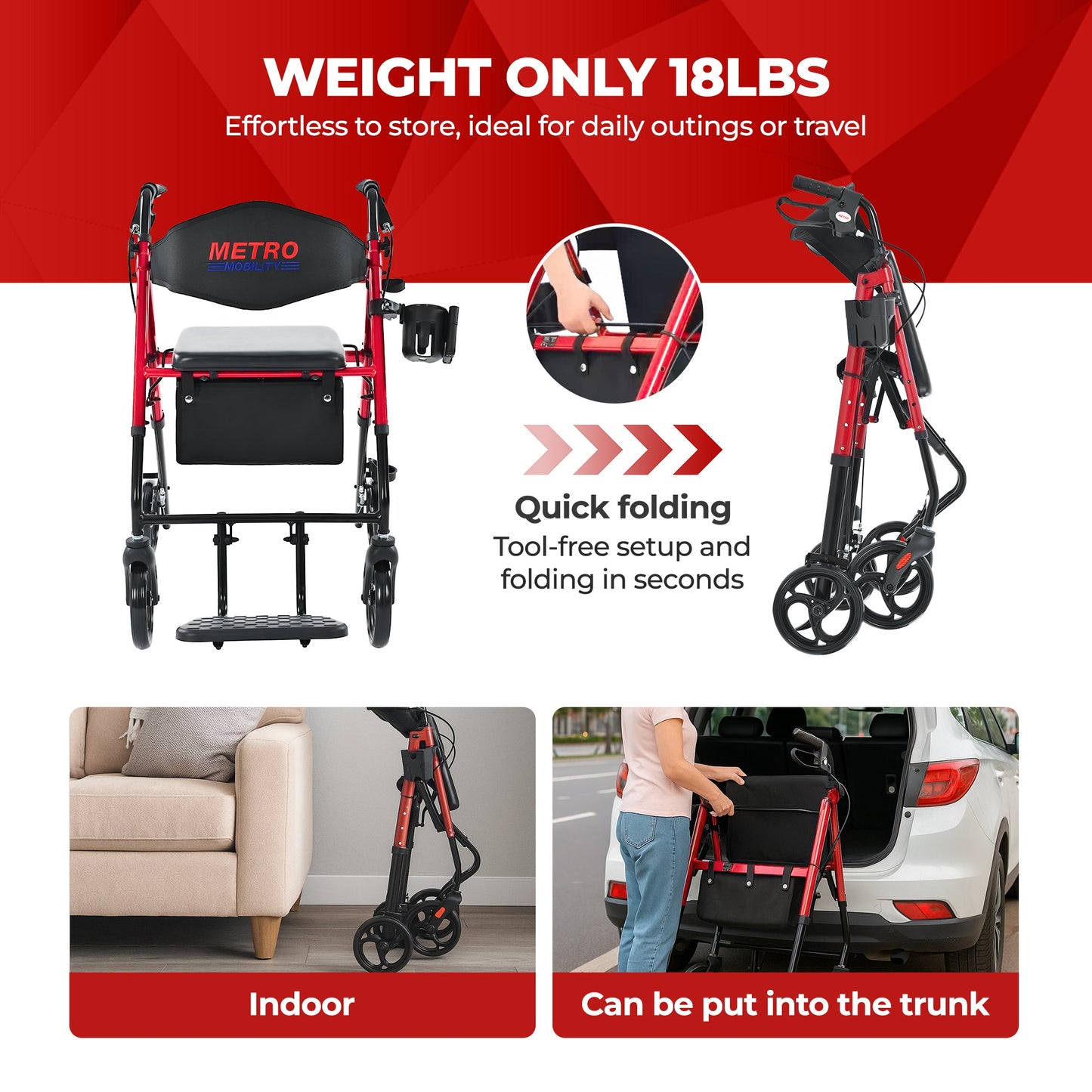 Metro Mobility M913P 2-in-1 Rollator and Transport Wheelchair