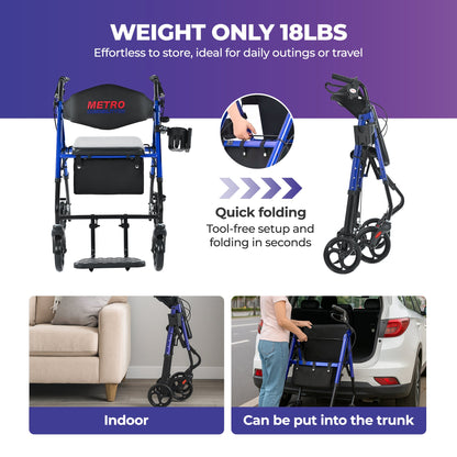 Metro Mobility M913P 2-in-1 Rollator and Transport Wheelchair