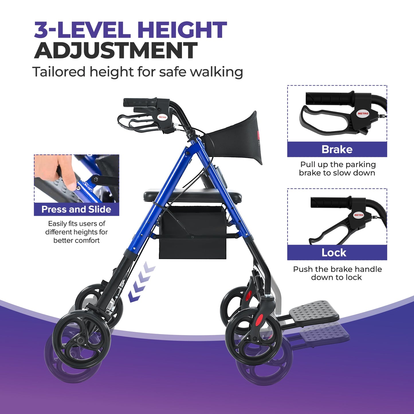 Metro Mobility M913P 2-in-1 Rollator and Transport Wheelchair
