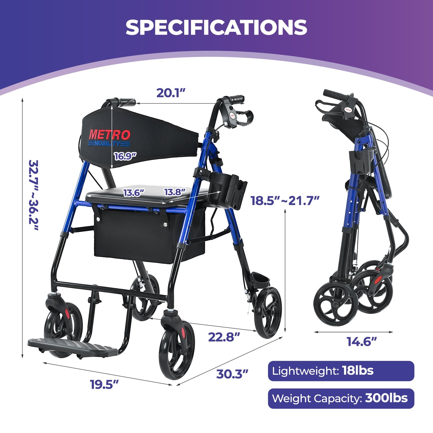Metro Mobility M913P 2-in-1 Rollator and Transport Wheelchair