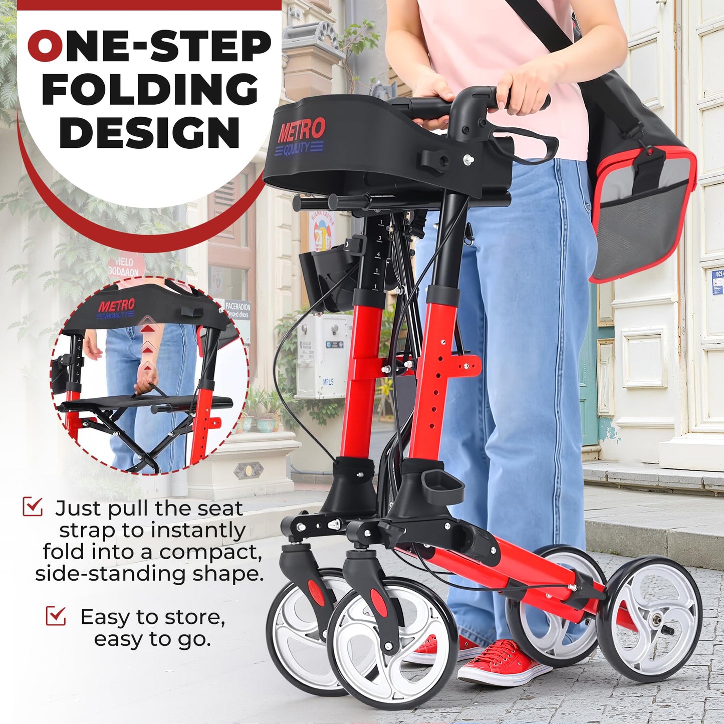 Metro Mobility – Foldable with Seat, 8" All-Terrain Wheels, Stable & Durable, 300 lb Capacity
