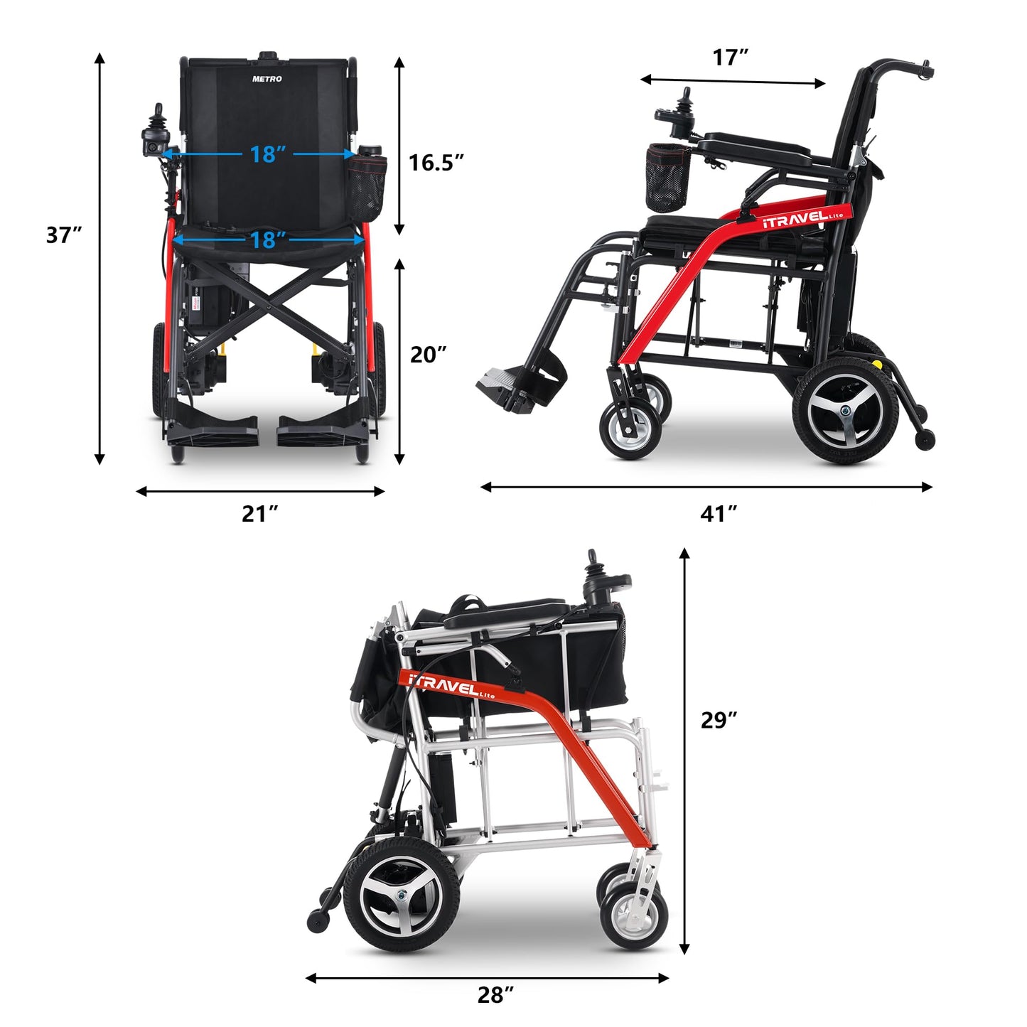 Metro Mobility iTravel Lite Folding Electric Wheelchair – Only 33lbs, TSA Approved with ElectroMagnetic Brakes