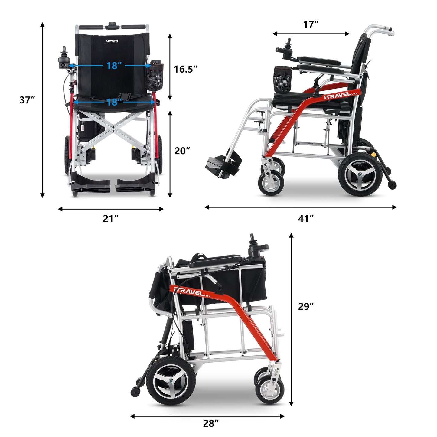 Metro Mobility iTravel Lite Folding Electric Wheelchair – Only 33lbs, TSA Approved with ElectroMagnetic Brakes